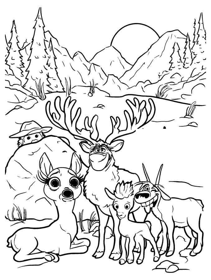 Coloring page: the herd on a high meadow at sunrise